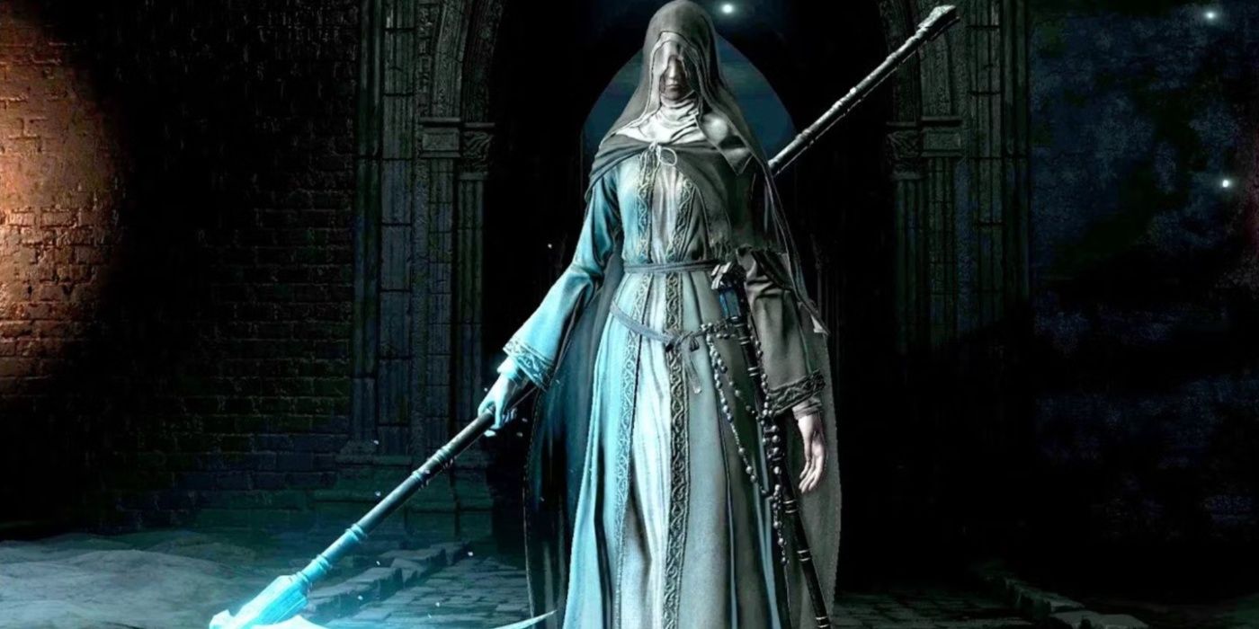 Dark Souls 3 Sister Friede holding scythe walking in dark room