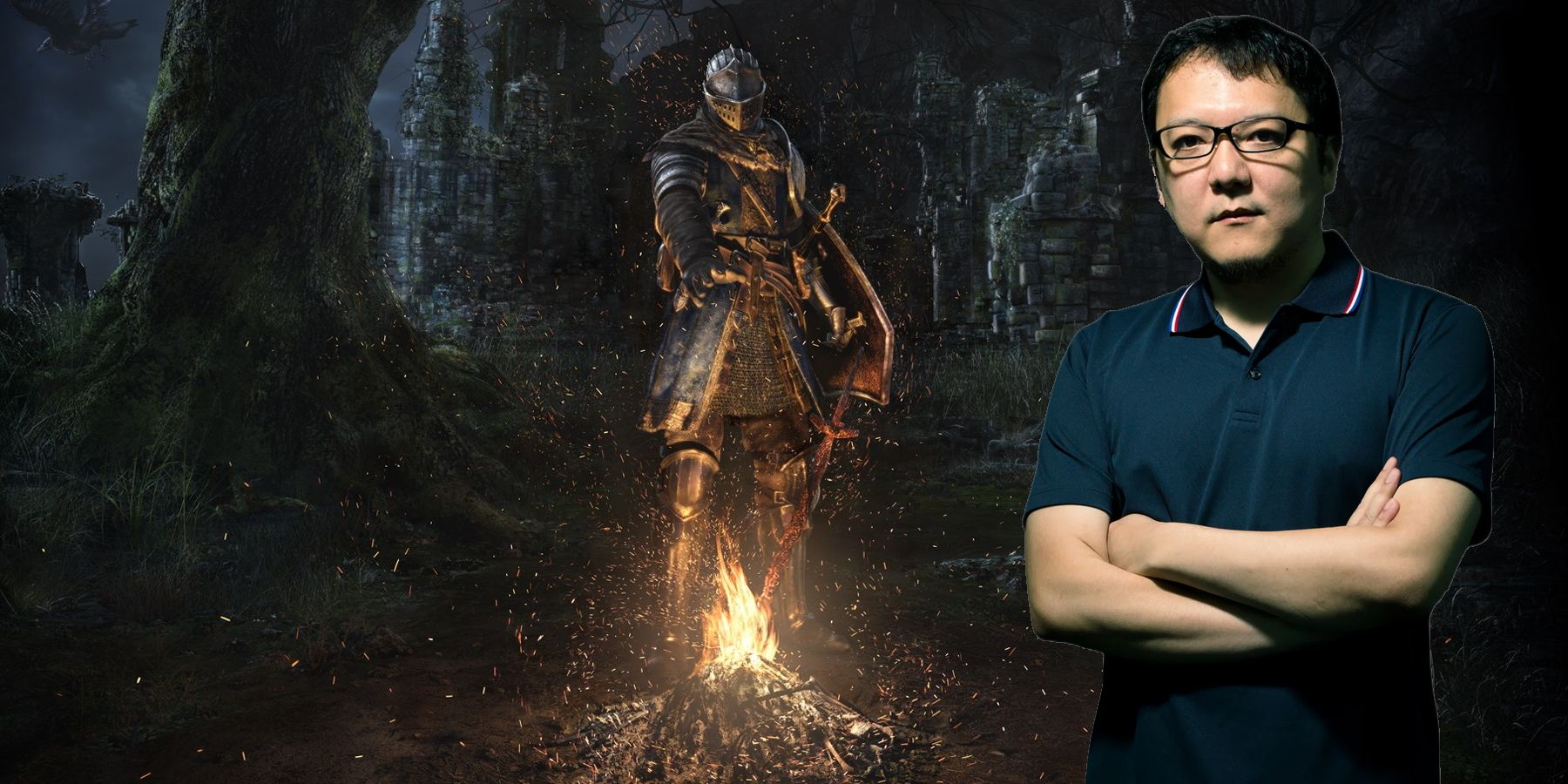 The cover art for Dark Souls Remastered overlayed with a photograph of director Hidetaka Miyazaki