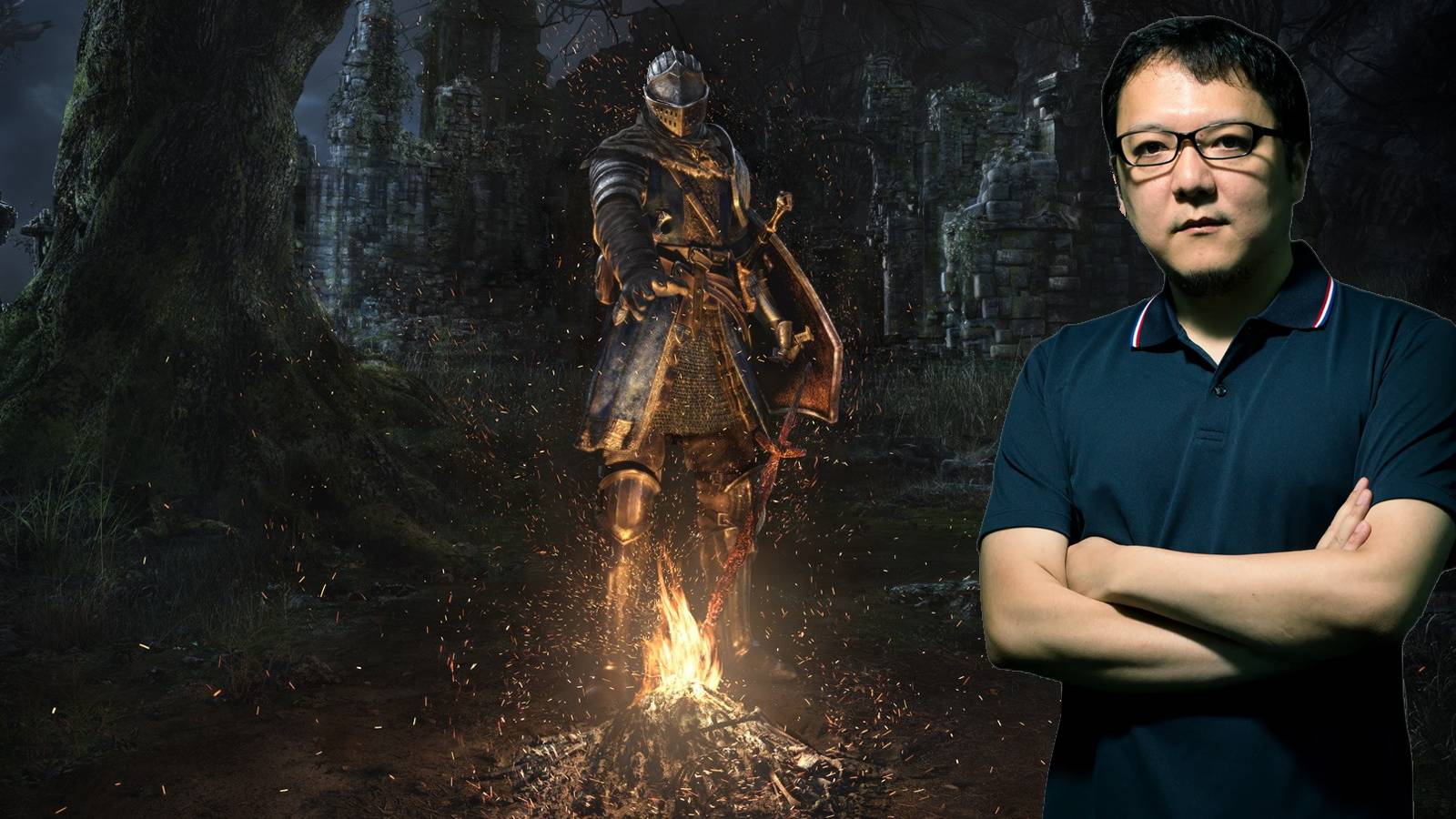 The cover art for Dark Souls Remastered overlayed with a photograph of director Hidetaka Miyazaki