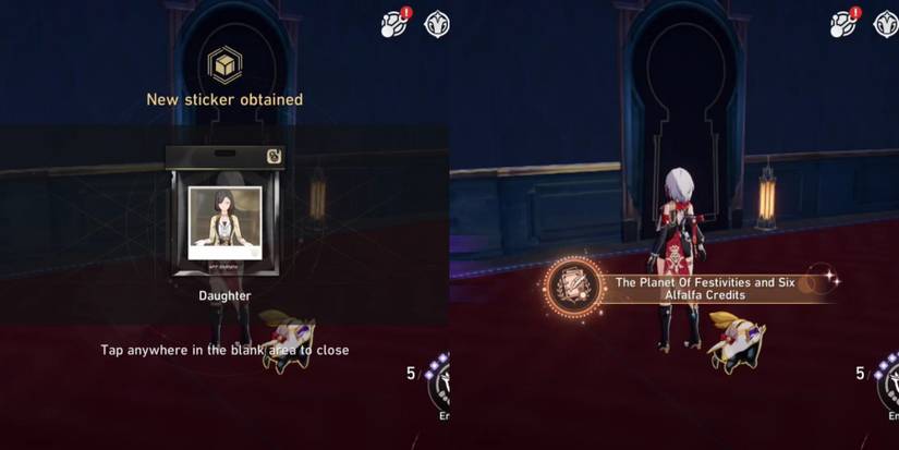 daughter sticker and The Planet Of Festivities and Six Alfalfa Credits achievement in honkai star rail