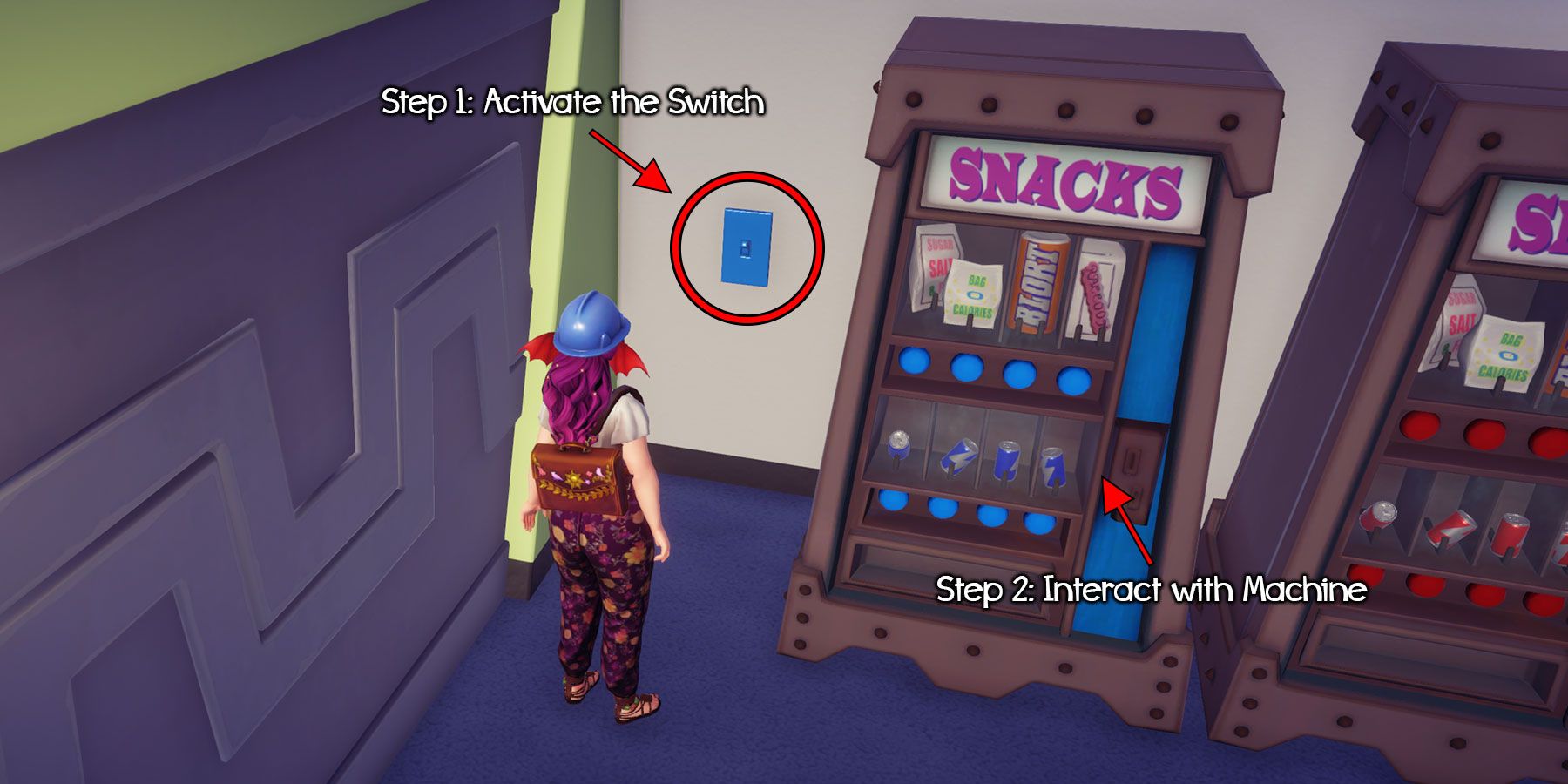 Retreiving the Blue Soda from the vending machine in Monsters Inc Realm in Disney Dreamlight Valley.