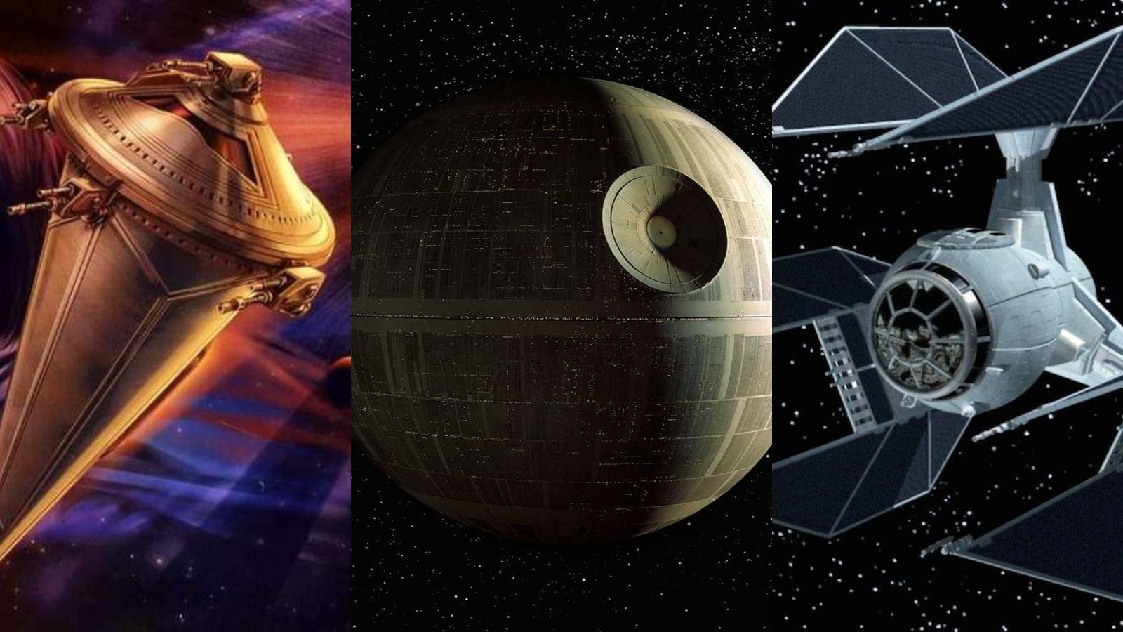 The Death Star from Star Wars along with the Sun Crusher from Star Wars Legends and the TIE Defender starfighter