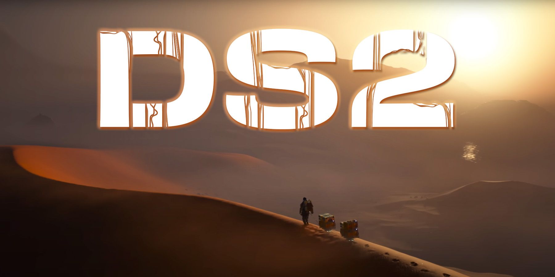 Death Stranding 2 desert setting screenshot from name announcement trailer with DS2 logo edit