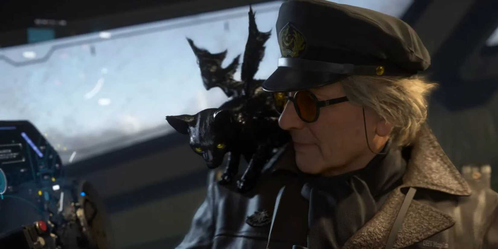 A screenshot of George Miller's character and his pet cat creature in Death Stranding 2.