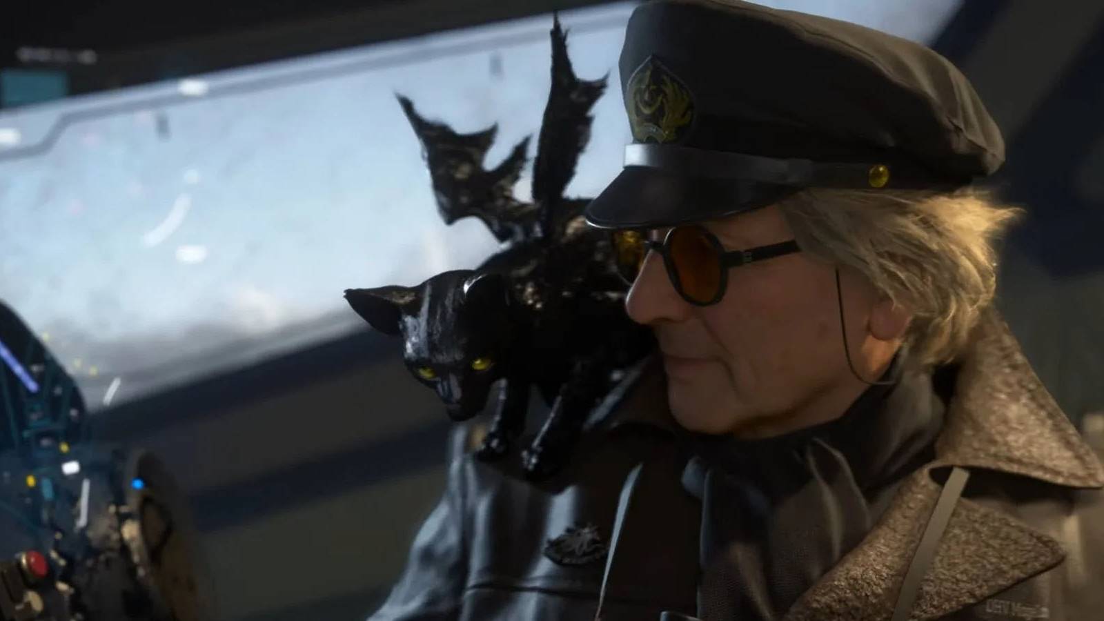 A screenshot of George Miller's character and his pet cat creature in Death Stranding 2.