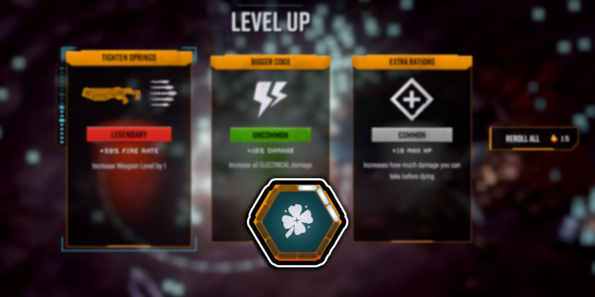 Deep Rock Galactic Survivor - Luck Stat Icon Over Image Of Legendary Level Up Upgrade