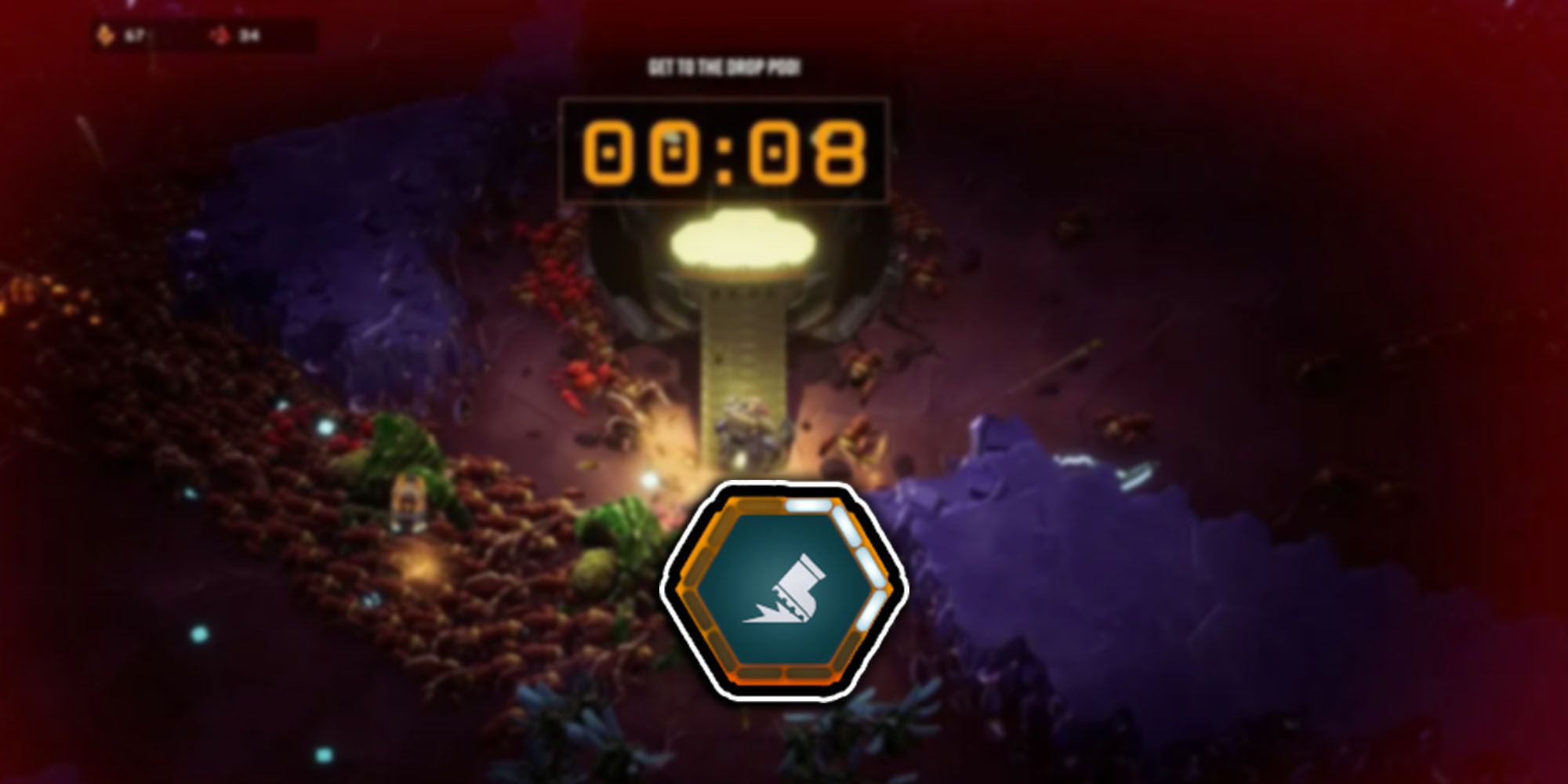 Deep Rock Galactic Survivor - Move Speed Icon Over Image Of Player Entering Escape Pod