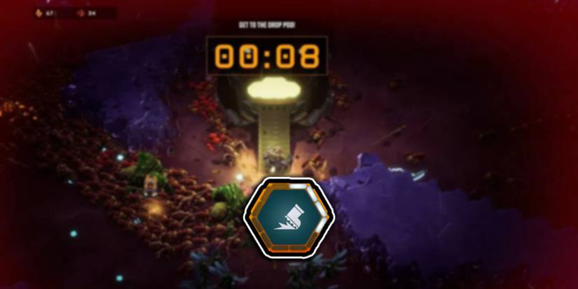 Deep Rock Galactic Survivor - Move Speed Icon Over Image Of Player Entering Escape Pod