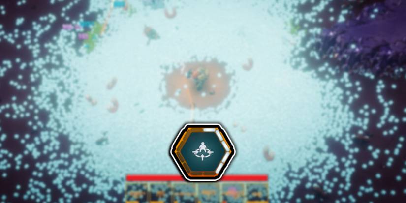 Deep Rock Galactic Survivor - Pickup Radius Stat Icon Over Image Of Absurd Number Of XP Pickups