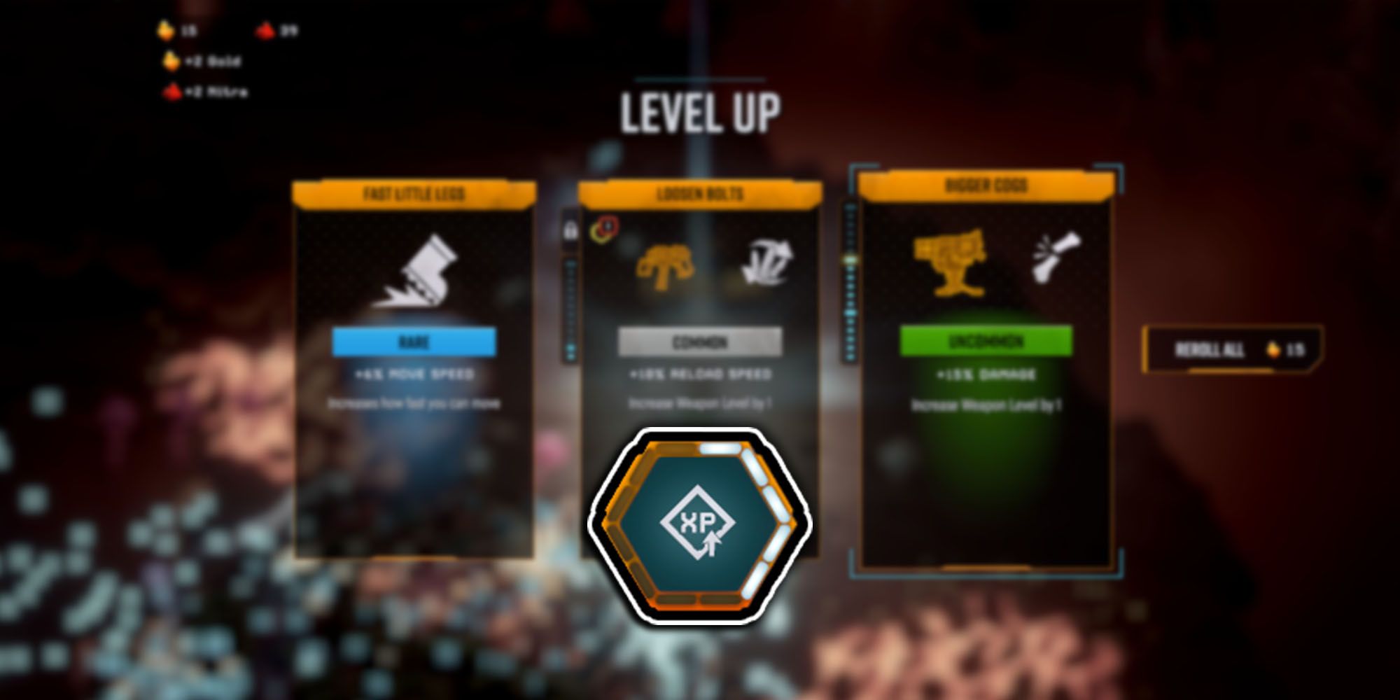 Deep Rock Galactic Survivor - XP Gain Stat Icon Over Image Of Player Picking Level Upgrade