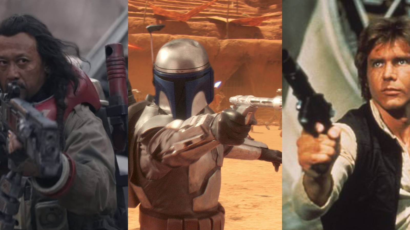 baze malbus jango fett and Han Solo each holding a gun 