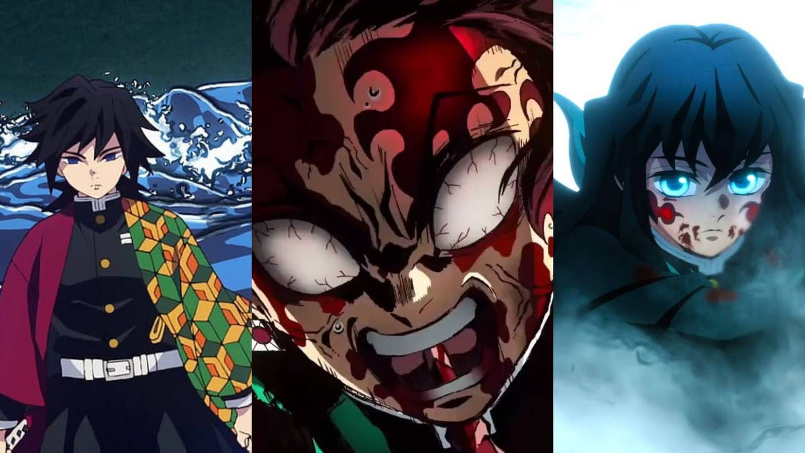 A collage of some of the most memorable finishing moves in Demon Slayer: Giyuu's Dead Calm, Tanjiro unlocking his Demon Slayer Mark and Tokito's Obscuring Clouds.