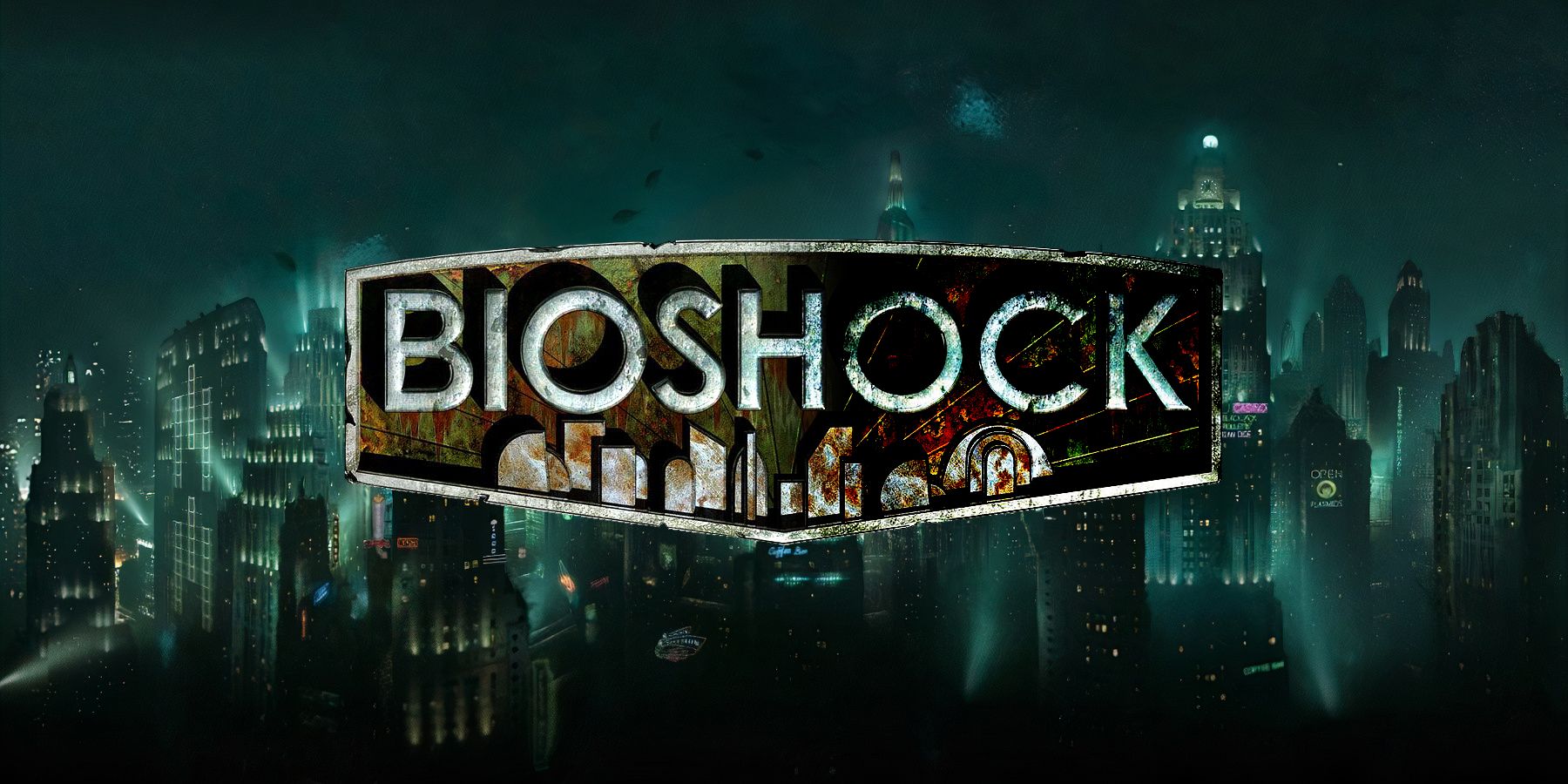 Deteriorating BioShock logo over Rapture background