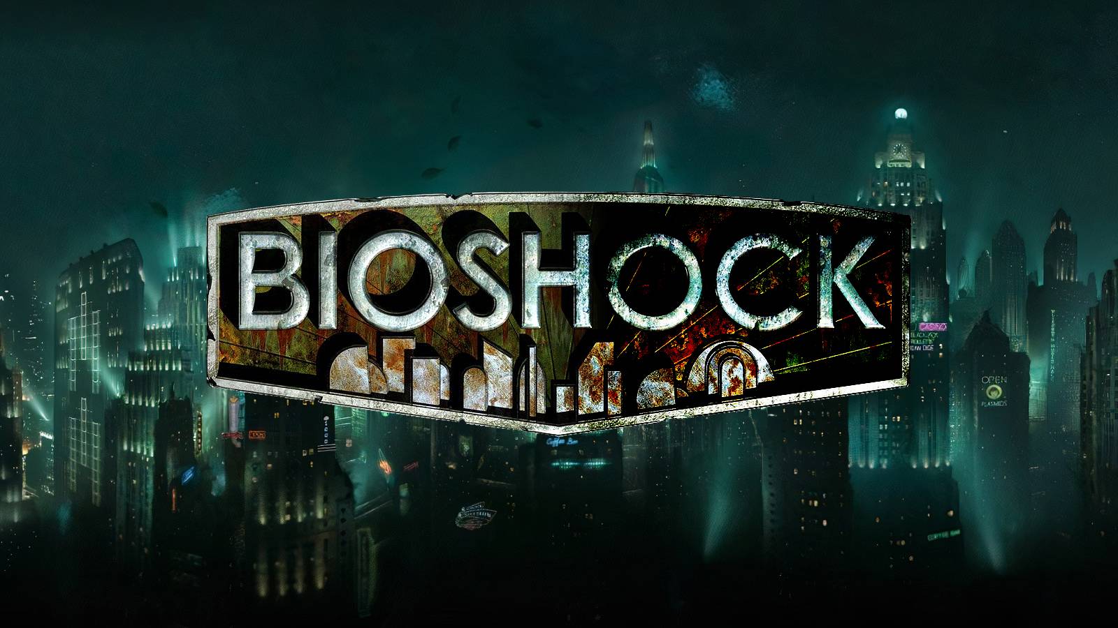 Deteriorating BioShock logo over Rapture background