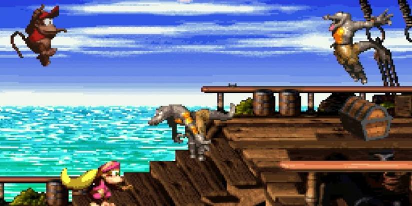 Diddy Kong and Dixie Kong facing Kremlings on K. Rool's ship.