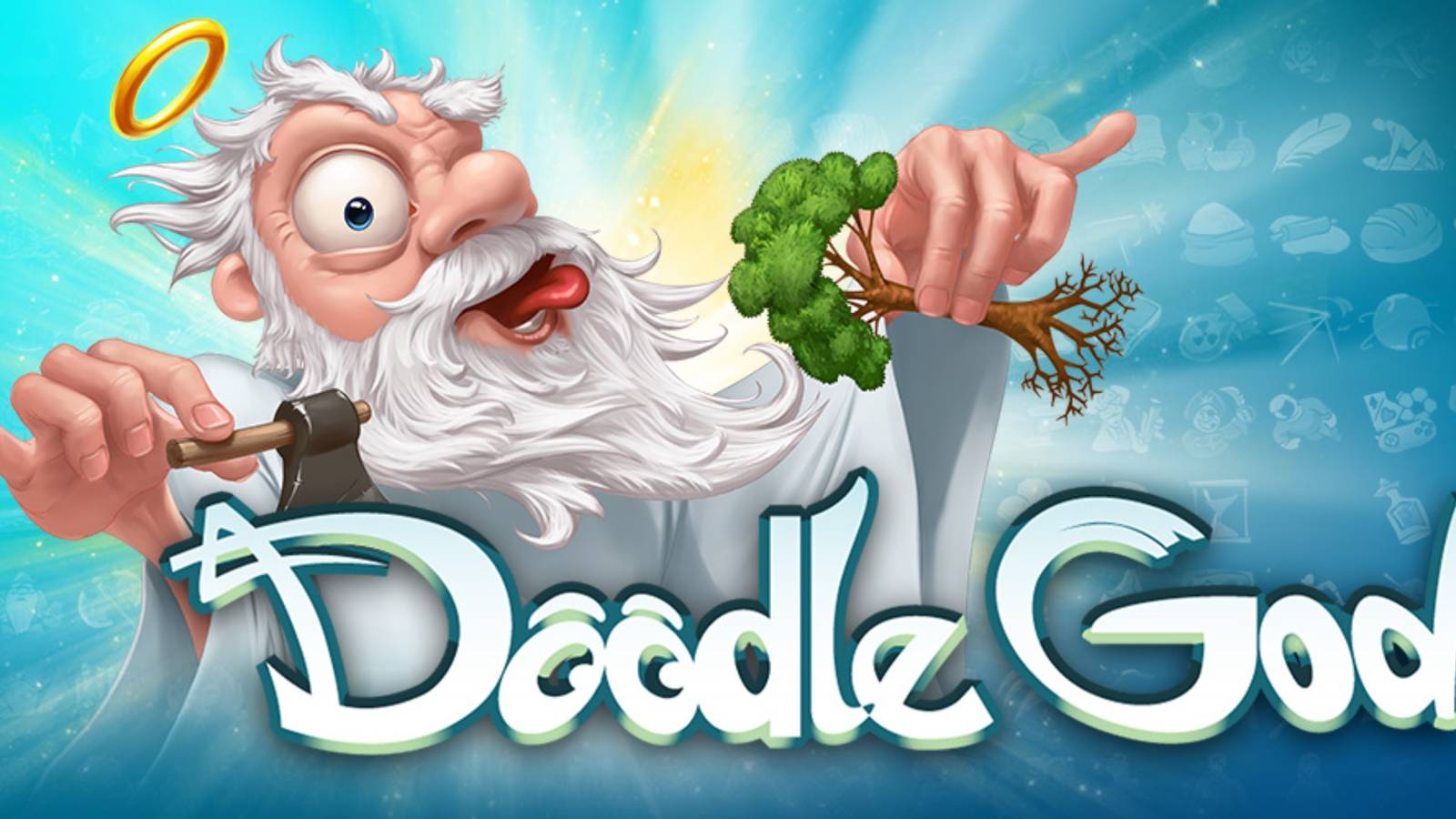 Doodle God caricature of God holding an axe and tree