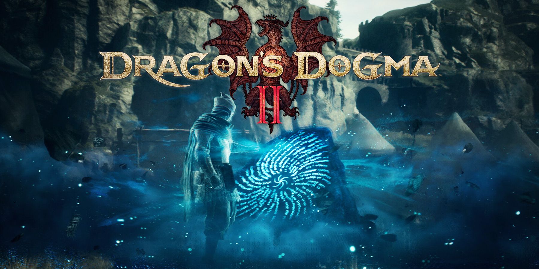 Dragon's Dogma 2 blue magic stone approach promo screenshot with game logo edit