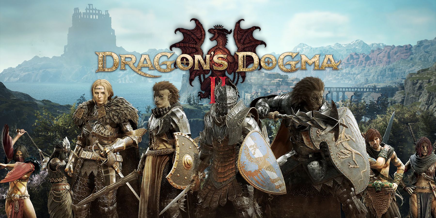 Dragon's Dogma 2 classes in front of logo and landscape