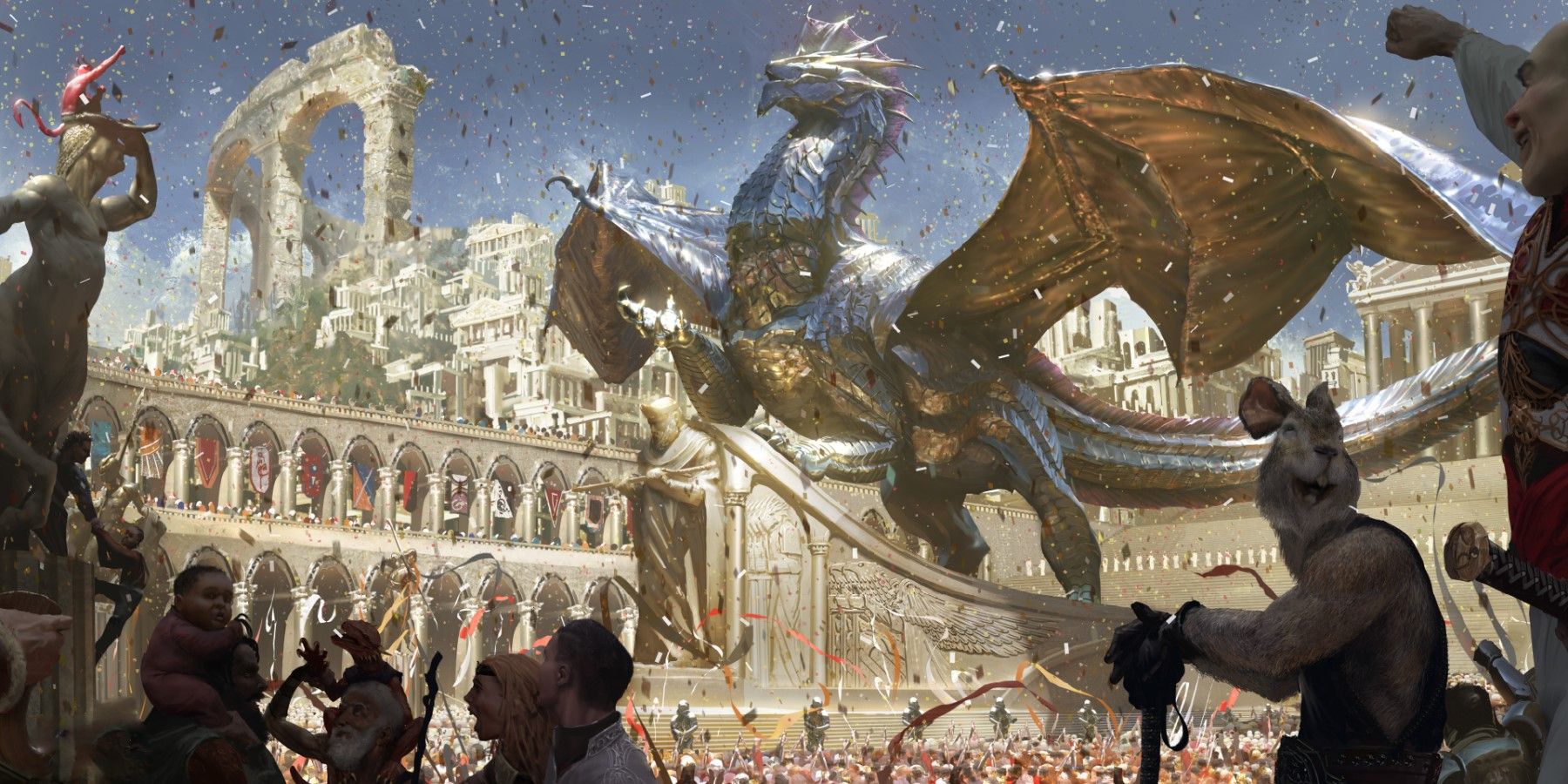 a silver dragon flying over a parading fantasy city