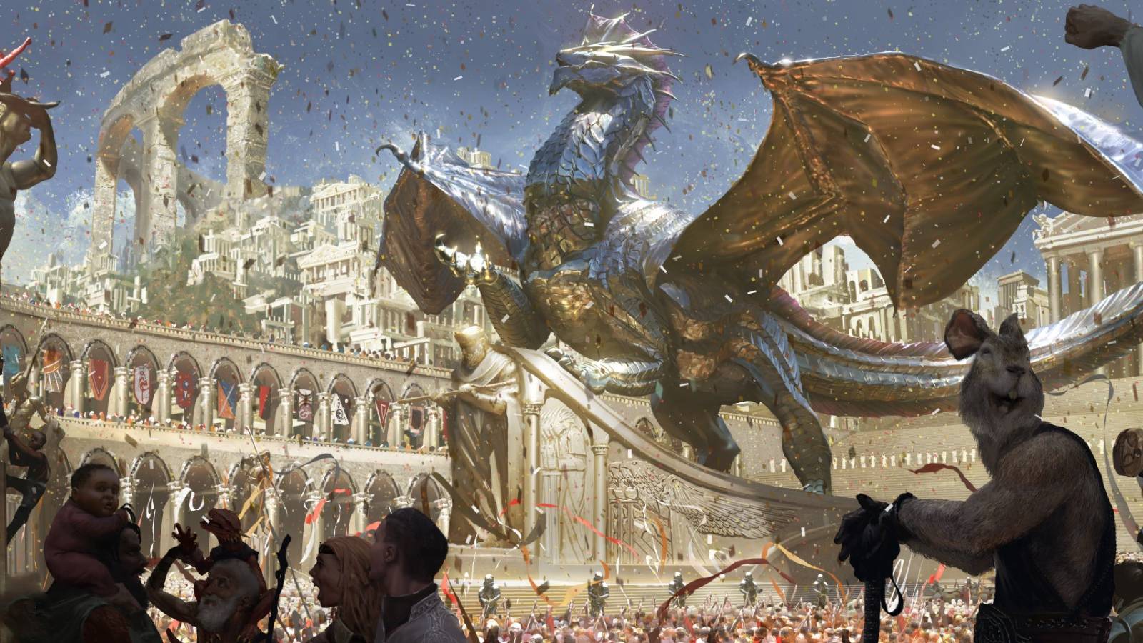 a silver dragon flying over a parading fantasy city