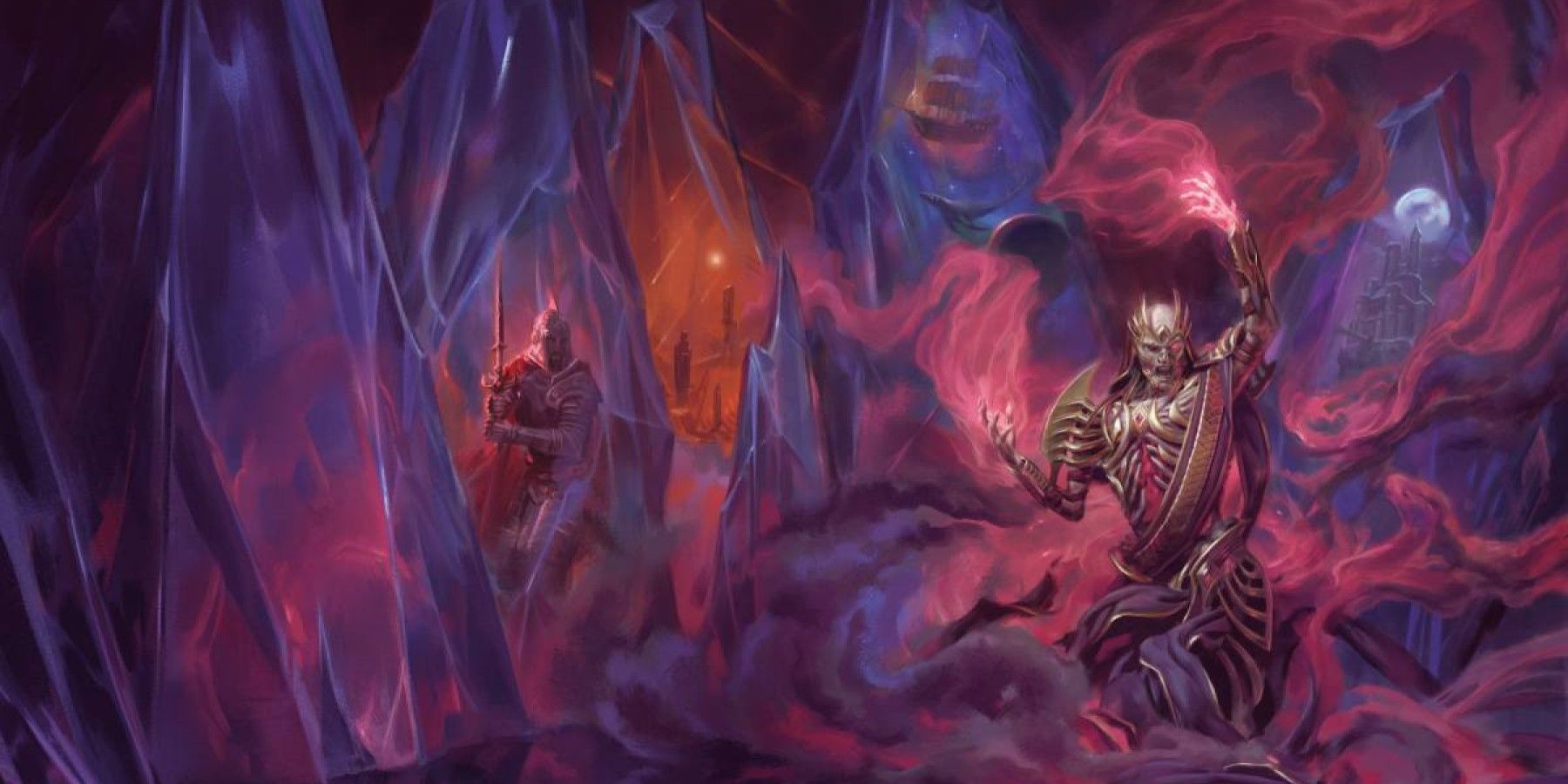 an undead lich vecna with red and purple smoke surrounded by dark crystals with scenes in them