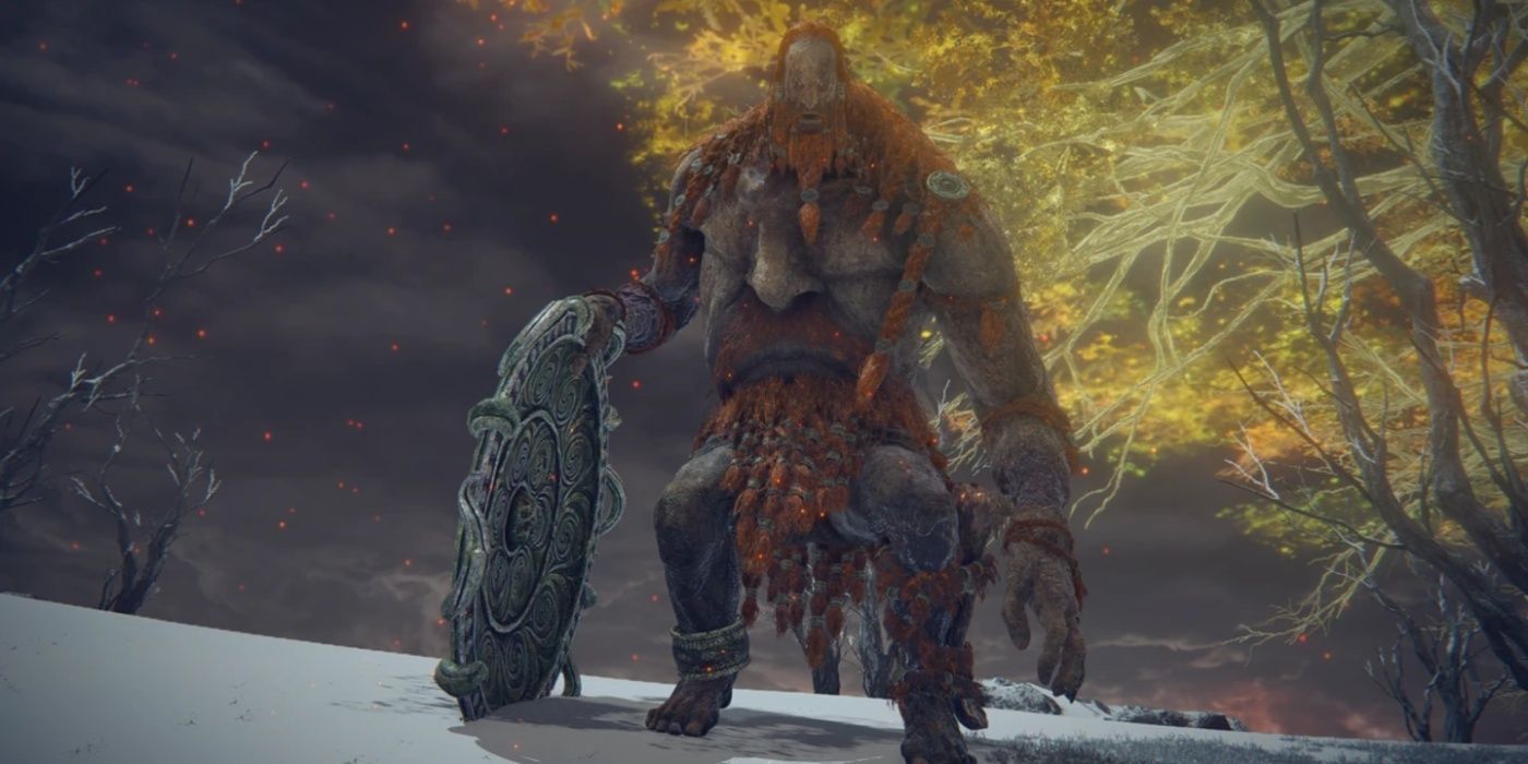 Elden Ring Fire Giant standing on snowy incline