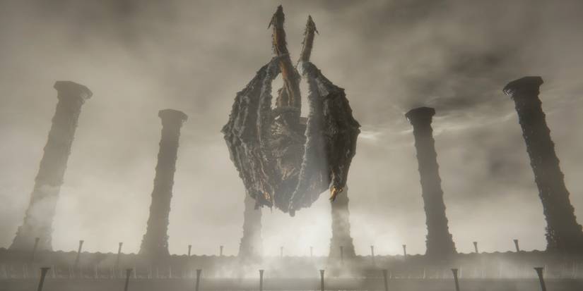 Elden Ring Placidusasx hovering in his arena in a stormy locale
