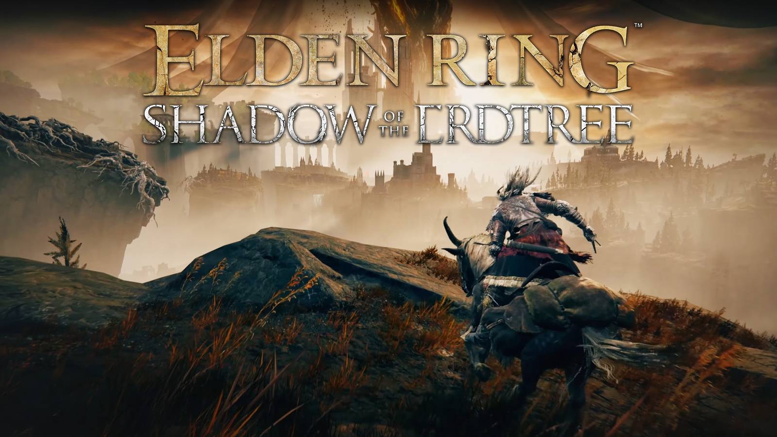 Elden Ring Shadow of the Erdtree February 21 2024 trailer horse rider below game logo
