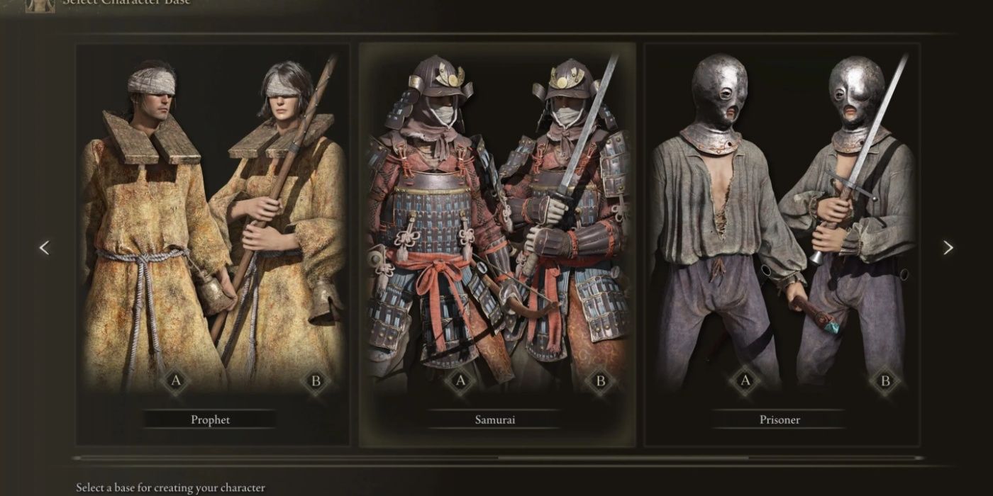 Elden Ring starting classes menu showing Prophet, Samurai, Prisoner