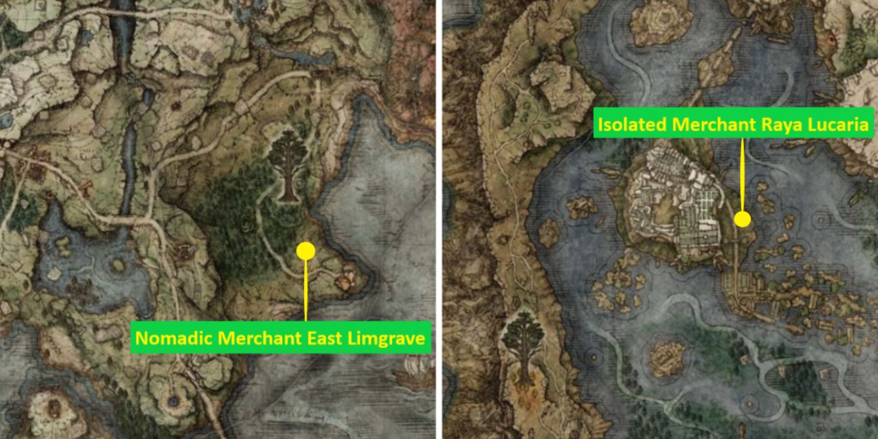 Nomadic Merchant East Limgrave and Isolated Merchant Raya Lucaria in Elden Ring