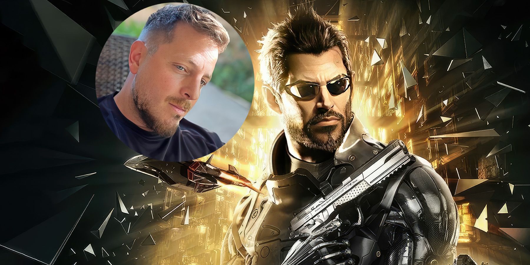 Elias Toufexis Twitter profile pic next to Adam Jensen from Deus Ex Mankind Divided cover