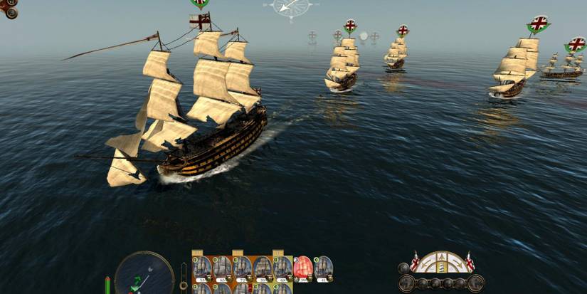 Old fashioned naval ships sailing in a fleet