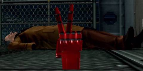 Red hand giving the peace sign in Metal Gear Solid Peace Walker