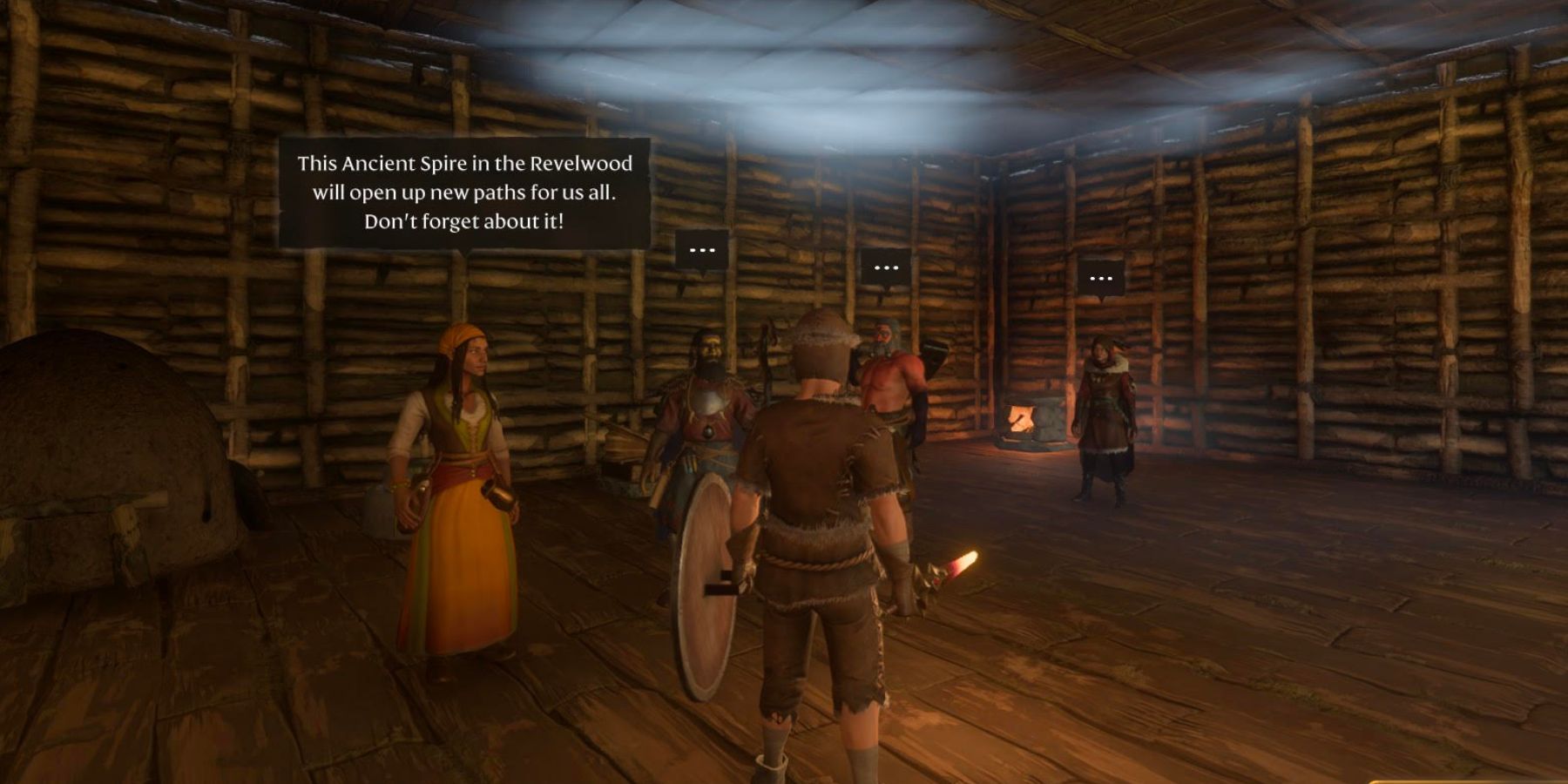 a player standing in the shelter in front of craftspersons