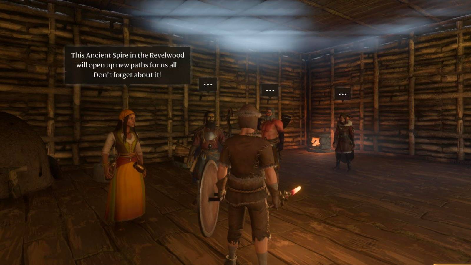 a player standing in the shelter in front of craftspersons