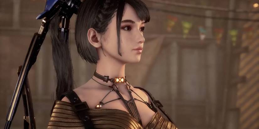 Eve wearing a shiny gold suit in Stellar Blade