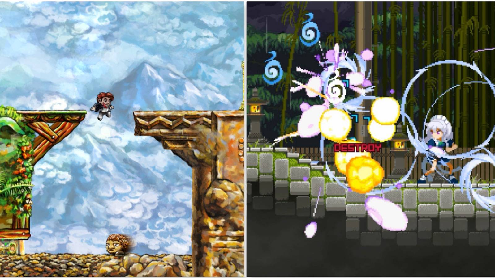 Exploring a level in Braid and Fighting enemies in Touhou Luna Nights