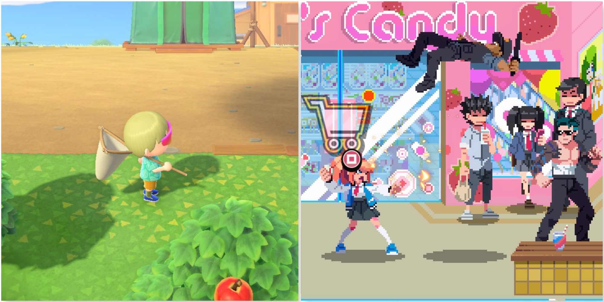 Exploring the world in Animal Crossing New Horizons and Fighting enemies in River City Girls 2