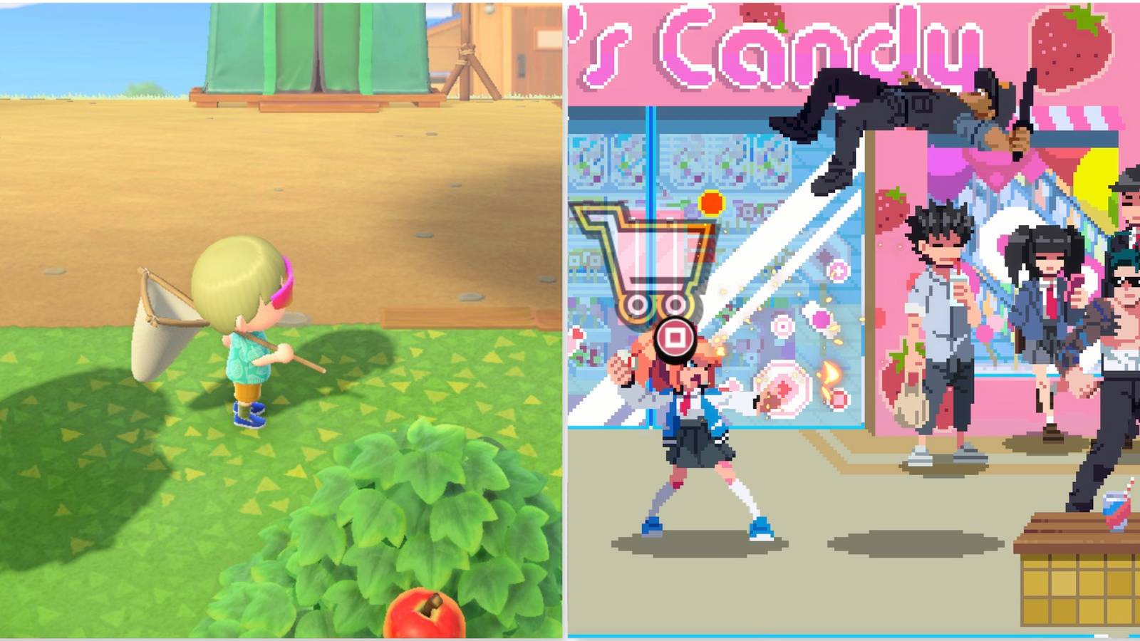 Exploring the world in Animal Crossing New Horizons and Fighting enemies in River City Girls 2