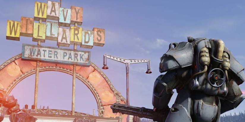 Fallout 76 player in power armor in front of a colorful sign that says "Wavy Willard's Water Park"