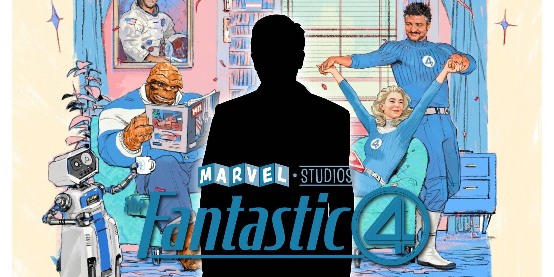 Art for the Marvel Cinematic Universe's Fantastic Four Movie with a silhouette of Ricky Gervais