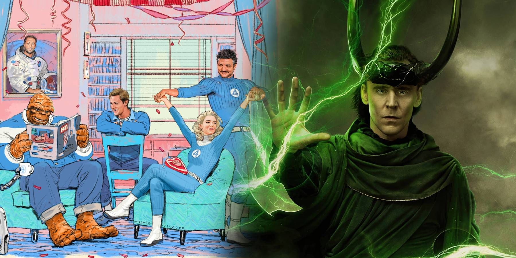 Artwork for 2025's Fantastic Four and a promo image from season 2 of Loki