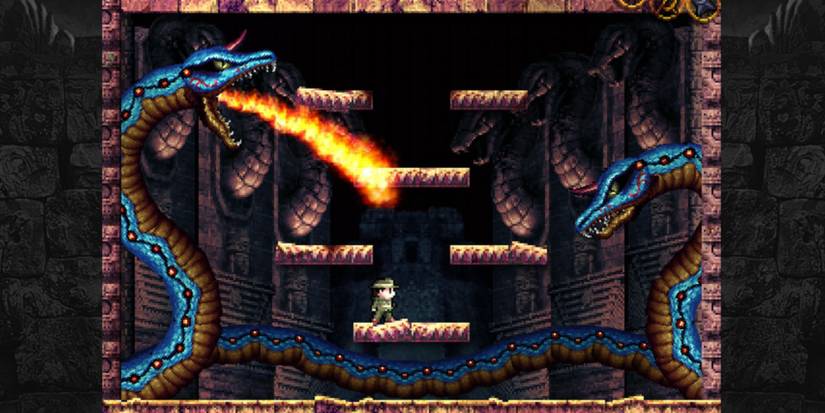 Fighting a boss in La-Mulana
