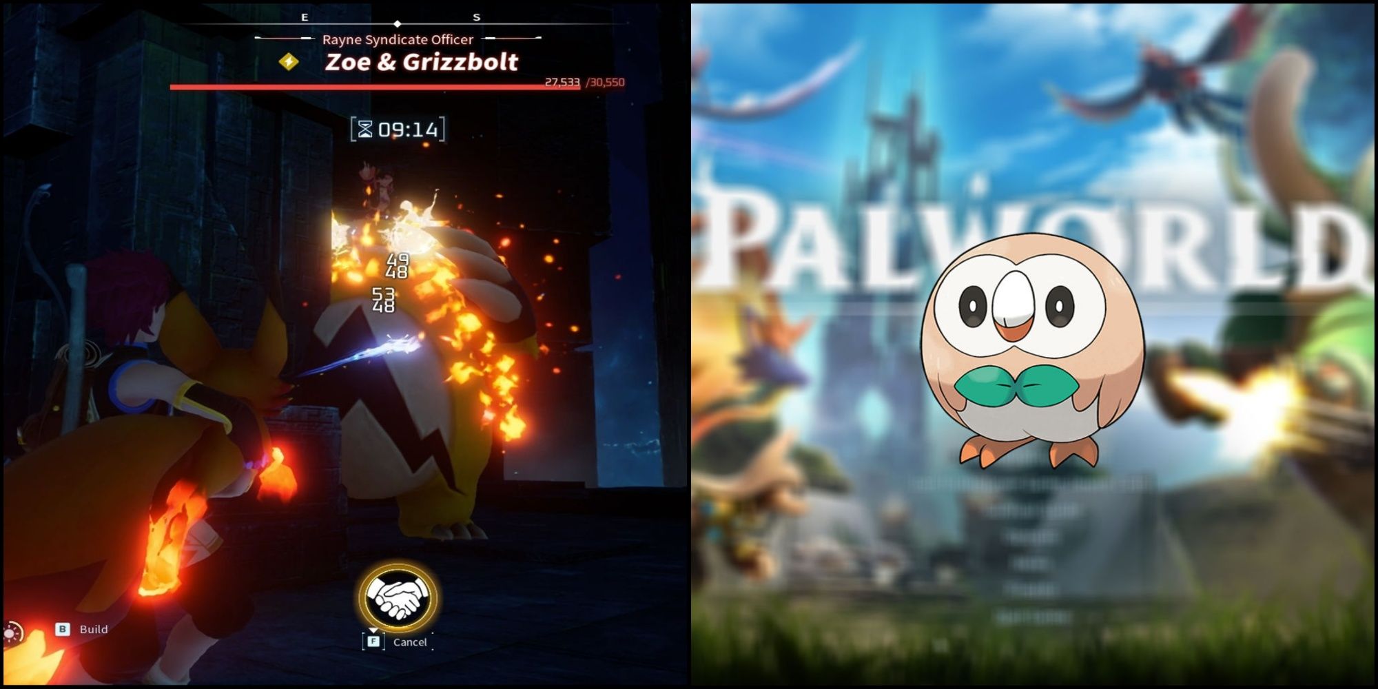 Fighting a boss in Palworld and Rowlet from Pokemon
