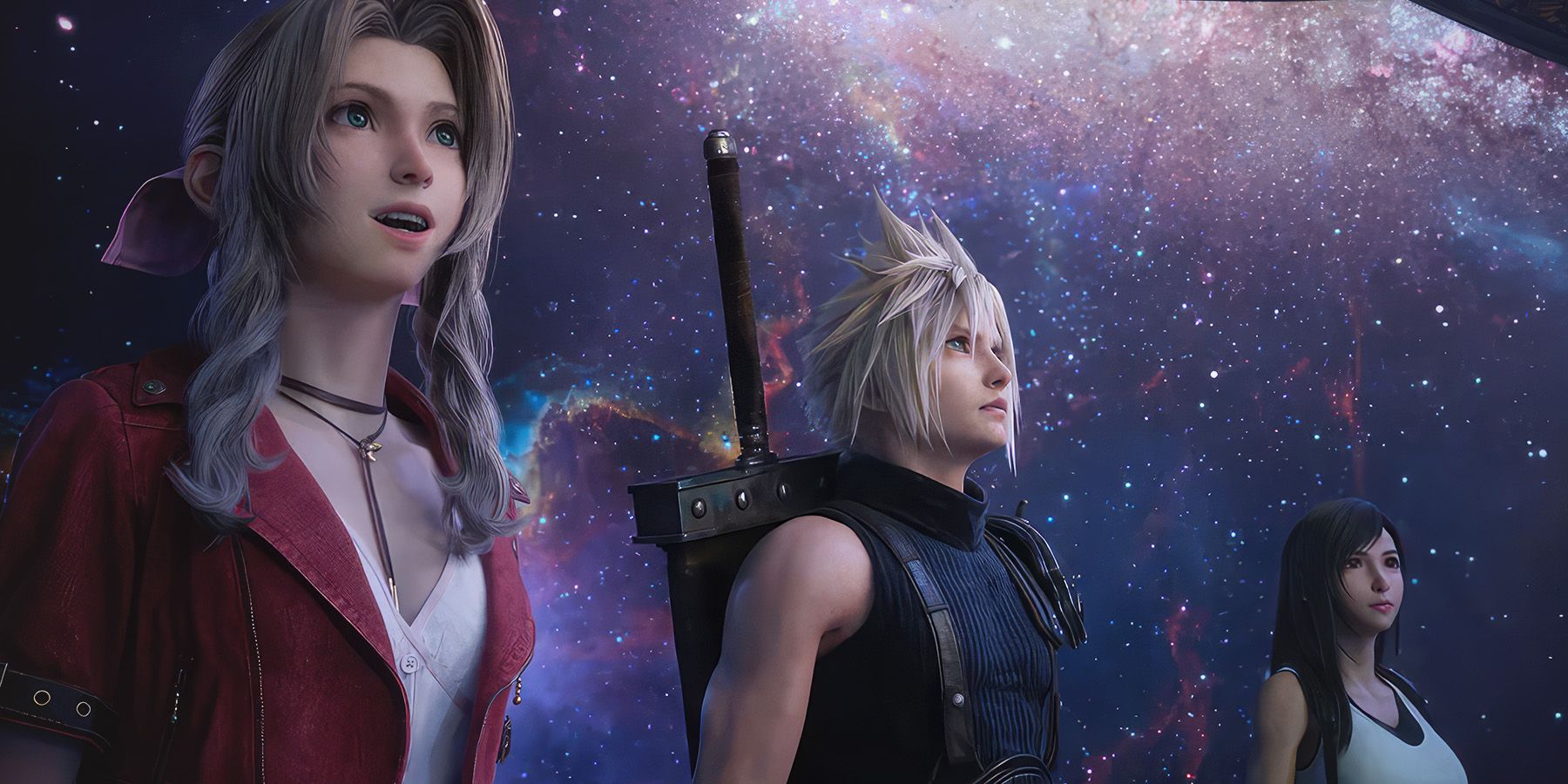 Final Fantasy 7 Rebirth Aerith Cloud Tifa looking up promo screenshot