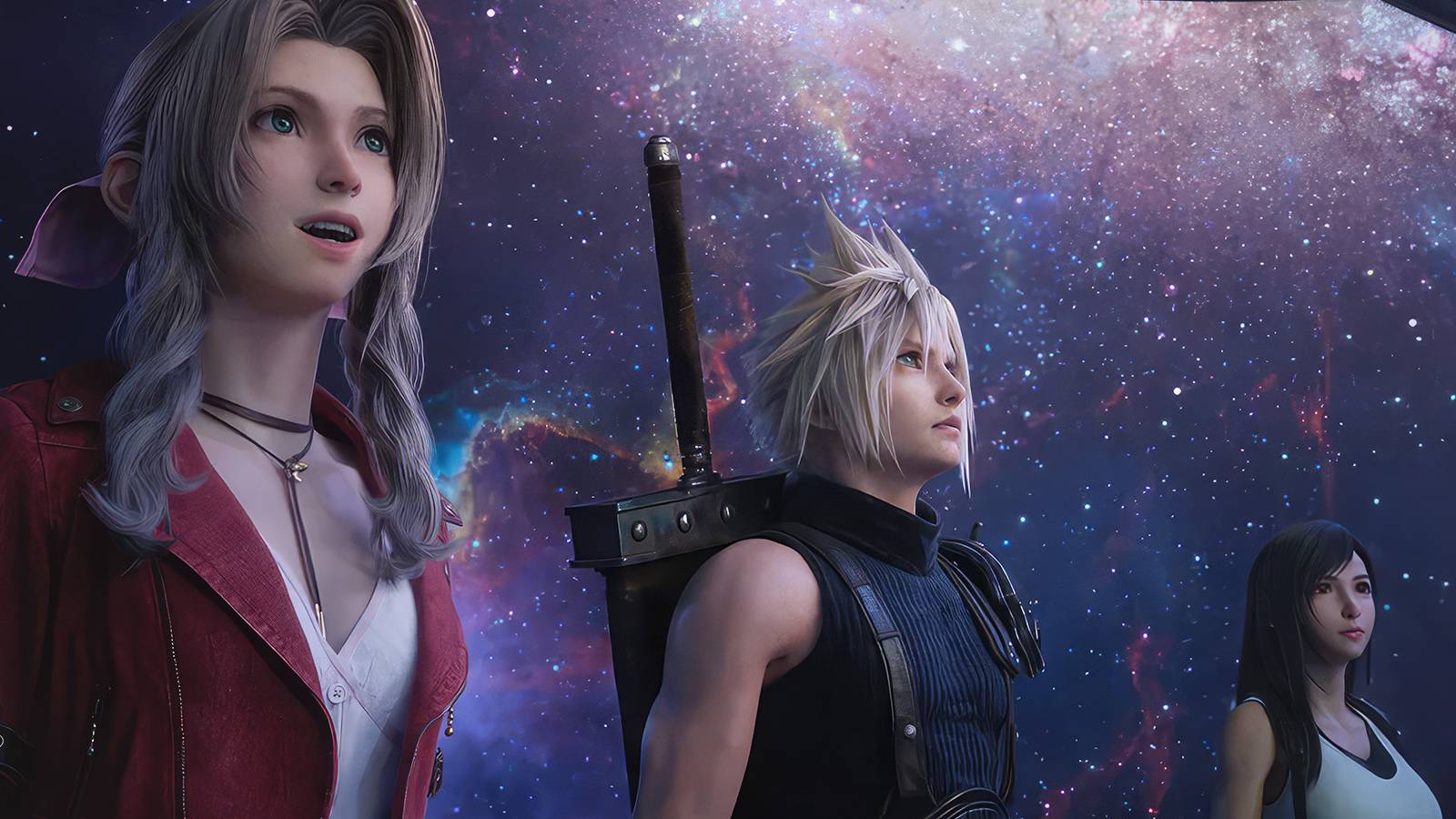 Final Fantasy 7 Rebirth Aerith Cloud Tifa looking up promo screenshot