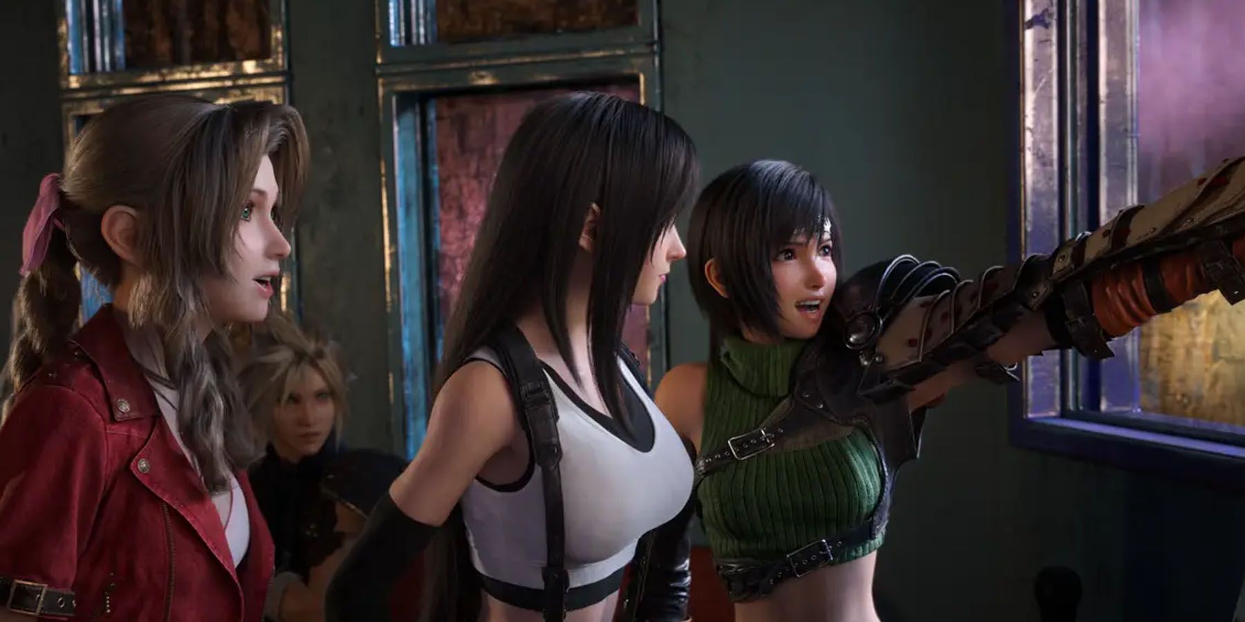 A screenshot of Aerith, Tifa, and Yuffie looking out a window in Final Fantasy 7 Rebirth.