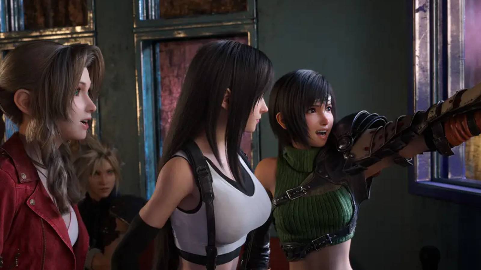 A screenshot of Aerith, Tifa, and Yuffie looking out a window in Final Fantasy 7 Rebirth.