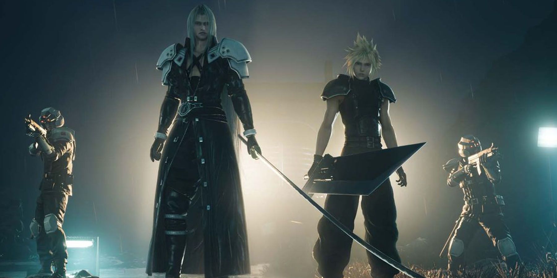 A screenshot of Cloud, Sephiroth, and a pair of Shinra grunts in Final Fantasy 7 Rebirth.
