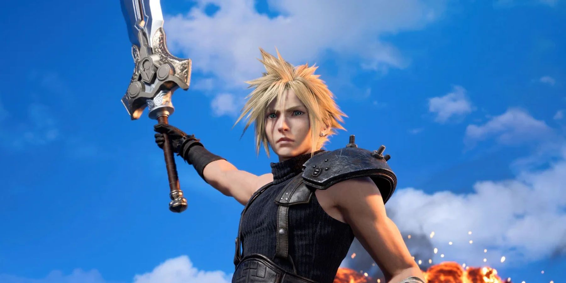 A screenshot of Cloud Strife holding up a sword in Final Fantasy 7 Rebirth.